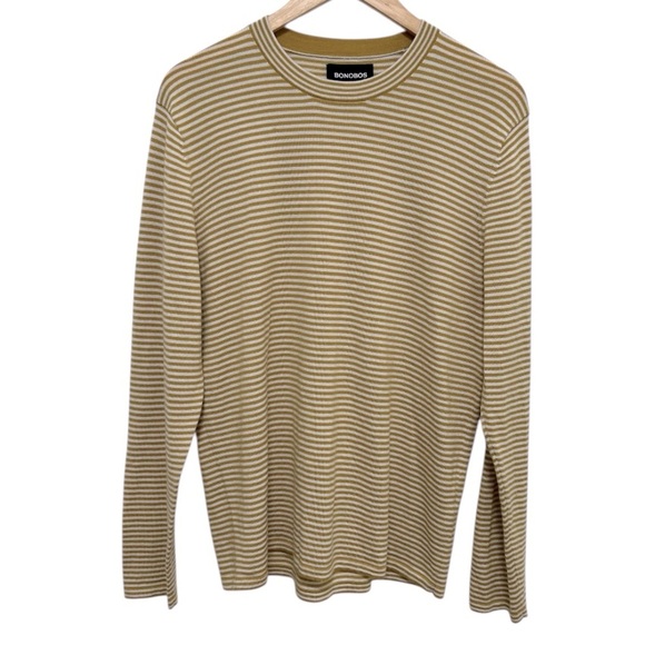 BONOBOS Extra Fine Merino Wool Blend Mustard Yellow & White Striped Sweater L - Picture 1 of 10
